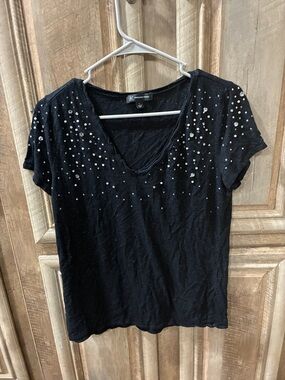 INC International Concepts Brand Black V-Neck Tee with Silver Sequin Accents